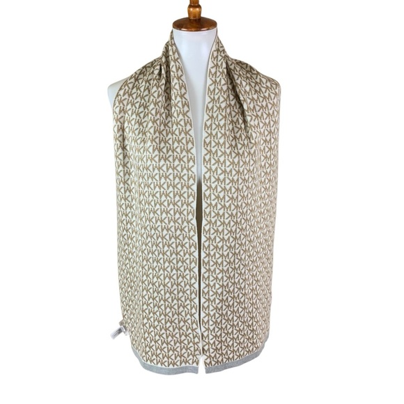 Michael Kors Tan White MK Logo Knit Acrylic Scarf Monogram Wrap OS - Picture 2 of 3